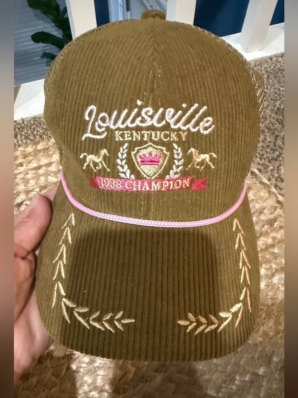 Louisville Kentucky 1988 Champion Corduroy Cap - Olive with Pink Trim